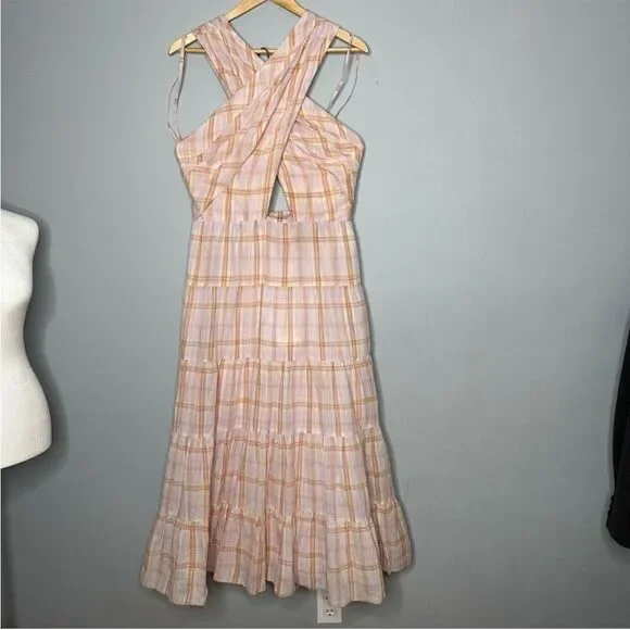 ULLA JOHNSON Noelle Crossover Halter Back-Tie Midi Plaid Dress NEW Sz. 4 - Picture 7 of 10